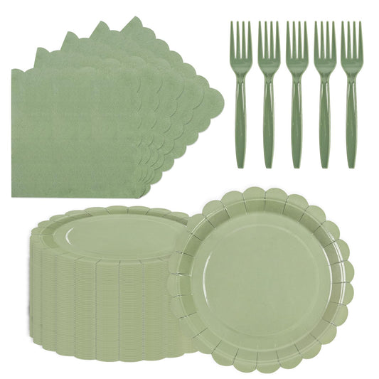 150Pcs Sage Green Paper Plates and Napkins,50 Sage Green Guest Scalloped Paper Tableware Forks Disposable Dinnerwaret Kit for Baby Shower Bridal Wedding Birthday Party New Year Decorations (7inch)