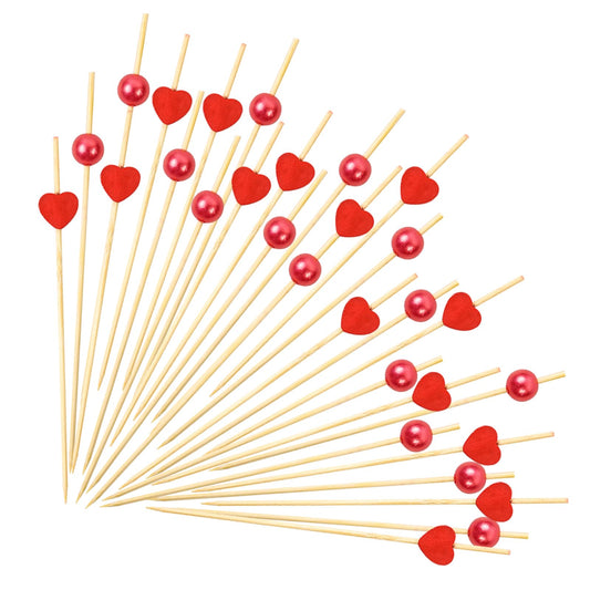 100PCS Red Heart Shaped Pearl Cocktail Picks, 4.7" Bamboo Toothpicks for Valentine's Day & Party Decoration