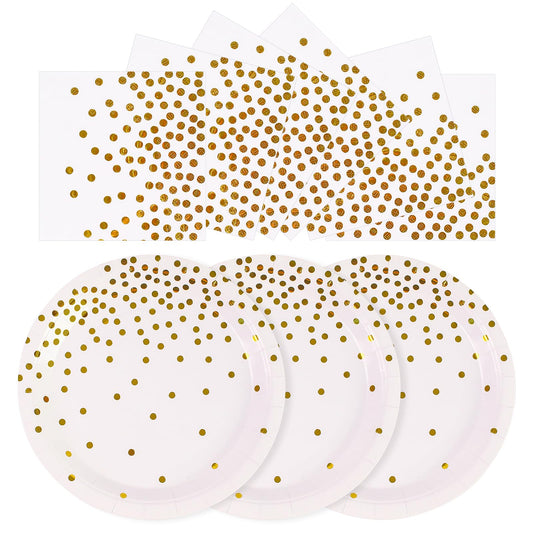 50Pcs White and Gold Dinner Plates and Napkins, 9 Inch Gold Foil Dot Dessert Plates with Napkins for Birthdays, Weddings and New Year, Serves 25