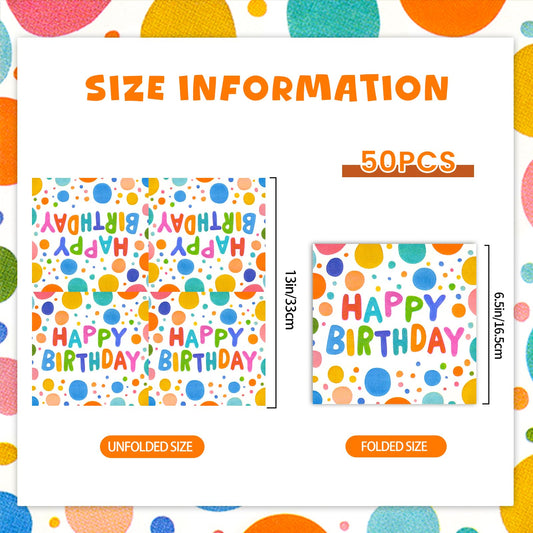 50PCS Happy Birthday Paper Napkins 13 x 13 Inches Luncheon Napkins Colourful Dots Cocktail Napkins Disposable Theme Tableware Party Decorations Supplies for Kids Baby Shower Party