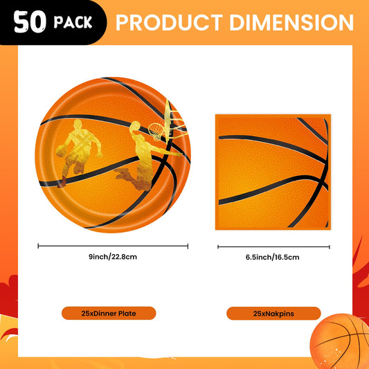 EVYIENEN 50 Pcs Basketball Plates and Napkins Party Supplies,Basketball Birthday Decorations Sports Decorations for Birthday Party Plates Favors-Serves 25