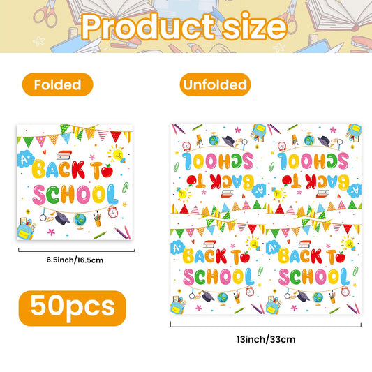 50 Pcs Back to School Paper Napkins,Disposable School Supplies Design Apples Pencil Notebook Beverage Dessert Napkin for Classroom, Teacher Appreciation, Kindergarten, First Day of School Decoration