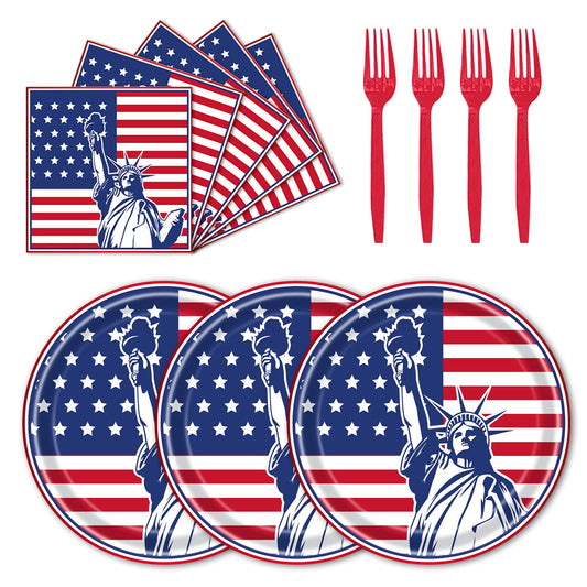75Pcs 4th of July Plates and Napkins Party Supplies with Forks, 7 Inch American Flag Patriotic Disposable Tableware Set, Serves 25