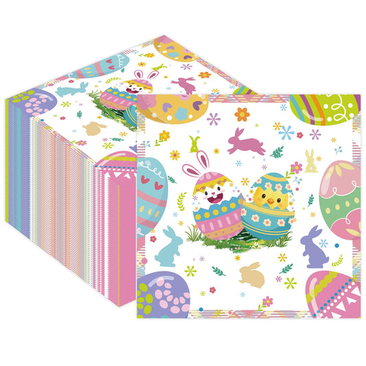 50Pcs Easter Paper Napkins - 6.5'' x 6.5'' Vibrant Bunny Eggs Floral Cocktail Napkins Disposable Decoration Supplies for Easter Spring Birthday Party