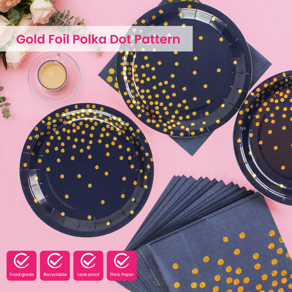 50Pcs Dark Blue and Gold Dinner Plates and Napkins, 9 Inch Gold Foil Dot Dessert Plates with Napkins for Birthdays, Weddings and New Year, Serves 25 β image 3
