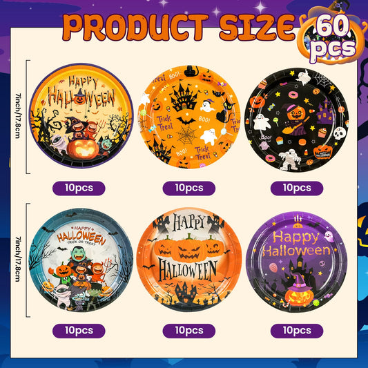 60Pcs Halloween Paper Plates, 7 Inch Pumpkin, Monster, Bat, Skull and Ghost Dessert Plates for Halloween Party