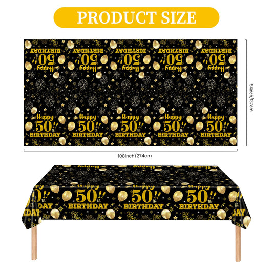 EVYIENEN 2 Pack 50th Birthday Tablecloth,Disposable Black Gold Plastic Waterproof Rectangular Table Covers for Christmas Party Decorations Men Women, 54 x 108 Inch