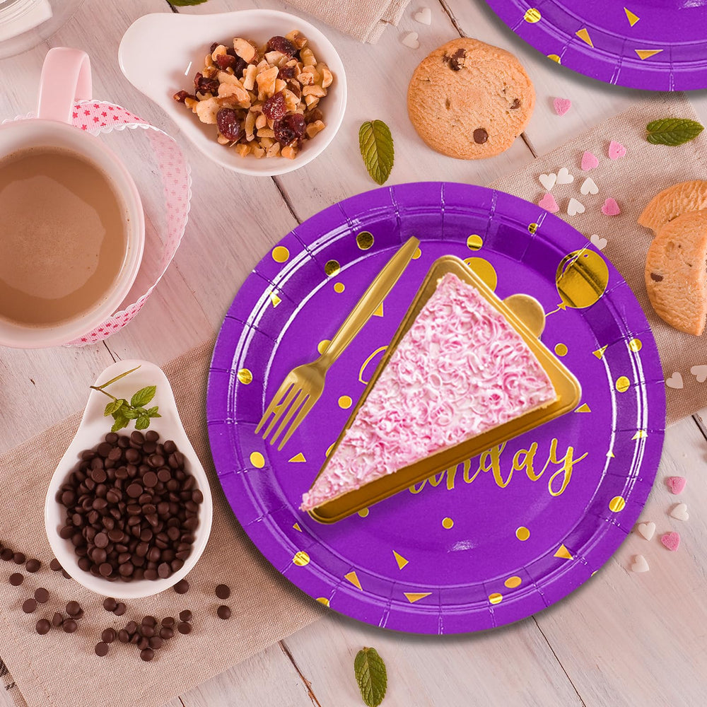 50 Pcs Purple and Gold Paper Plates,9 inch Halloween Paper Plates Disposable Happy Birthday Dessert Cake Plate Party Supplies for Halloween Fall Thanksgiving Birthday Wedding Party Decorations — image 5