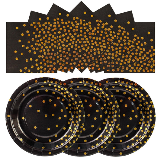 50Pcs Black and Gold Birthday Dinner Plates and Napkins, 9 Inch Gold Foil Dot Dessert Plates with Napkins for Birthdays, Weddings and New Year, Serves 25