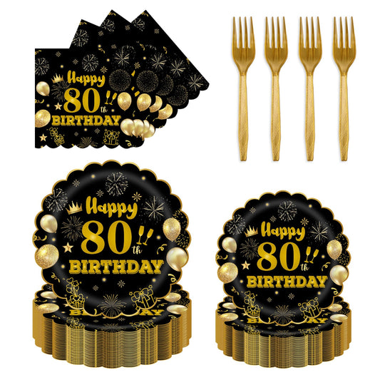 EVYIENEN 96Pcs 80th Birthday Party Tableware Set,Back in 1965 Birthday Party Decorations Supplies, Disposable Black and Gold 80th Birthdays Paper Plates Napkins Forks Favors for Men Women, Serve 24