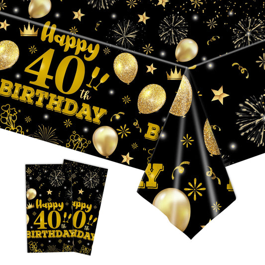 EVYIENEN 2 Pack 40th Birthday Tablecloth,Disposable Black Gold Plastic Waterproof Rectangular Table Covers for Christmas Party Decorations Men Women, 54 x 108 Inch