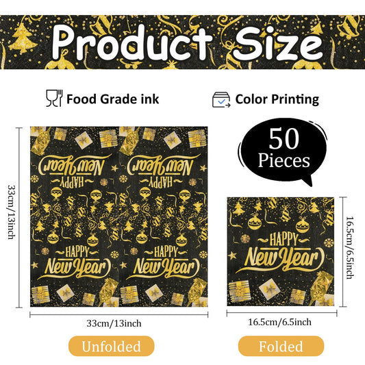 50Pcs New Year Napkins,Happy New Black Gold Foil Firework Disposable Guest Hand Towel Year Napkins Eve Party Supplies for 2026 Party Decorations