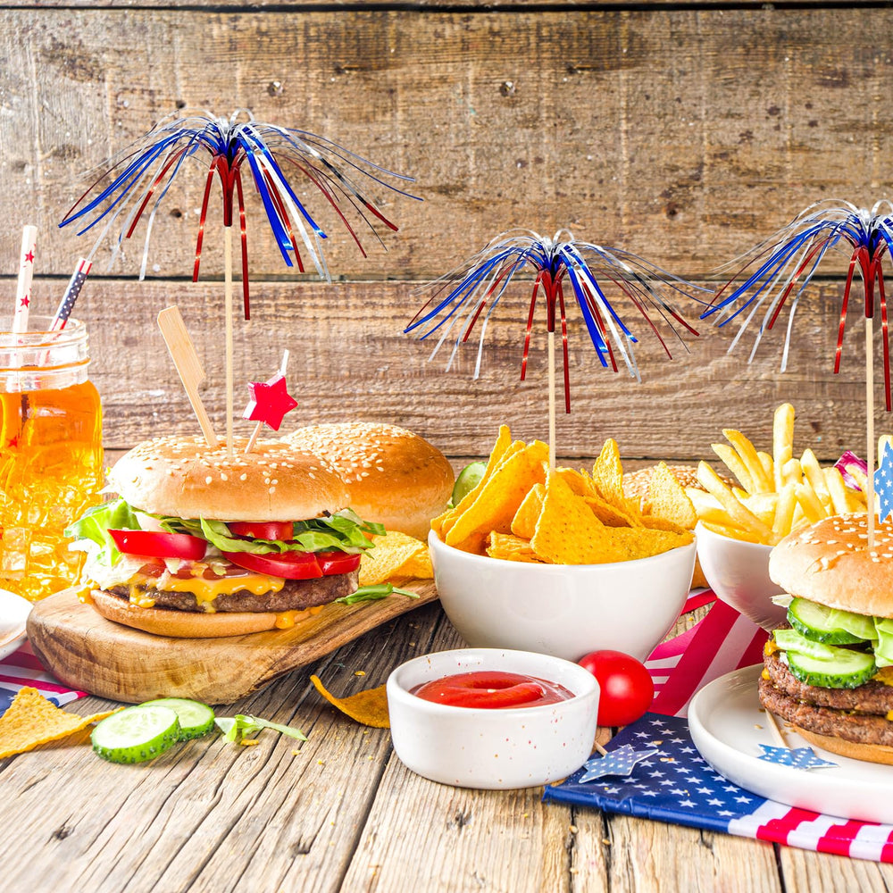 100 Pack 4th of July Cocktail Picks,6inch Patriotic Fireworks Toothpicks for Appetizers,Red White Blue Bamboo Skewers Foil Cupcake Toppers Drink Sticks for Independence Day Party Decorations — image 7
