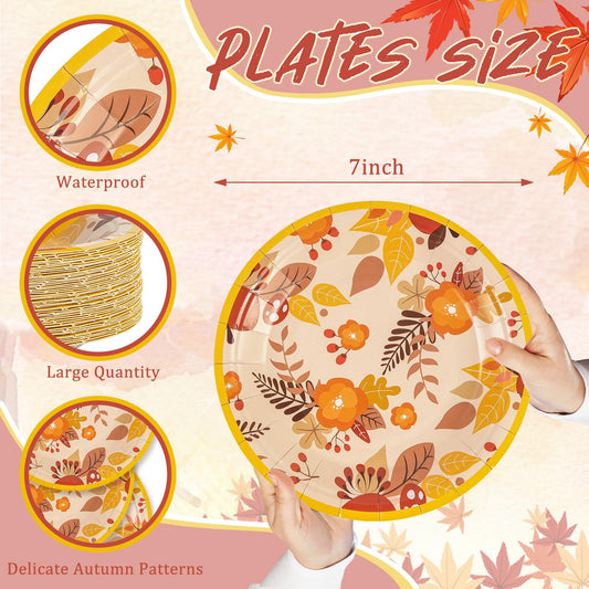50 Pack Fall Paper Plates,7inch Disposable Fall Maple Leaf Paper Dinner Party Plates for Thanksgiving Birthday Holiday Family Gatherings Parties (Maple Leaf)
