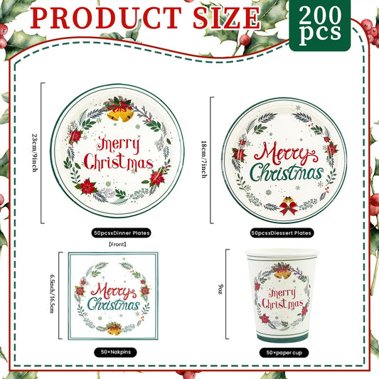EVYIENEN 200 PCS Christmas Paper Plates and Napkins,Xmas Poinsettia Flower Tree Disposable Dinner Plates Party Dessert Plates for Christma Xmas Winter Party Supplies,Serves 50