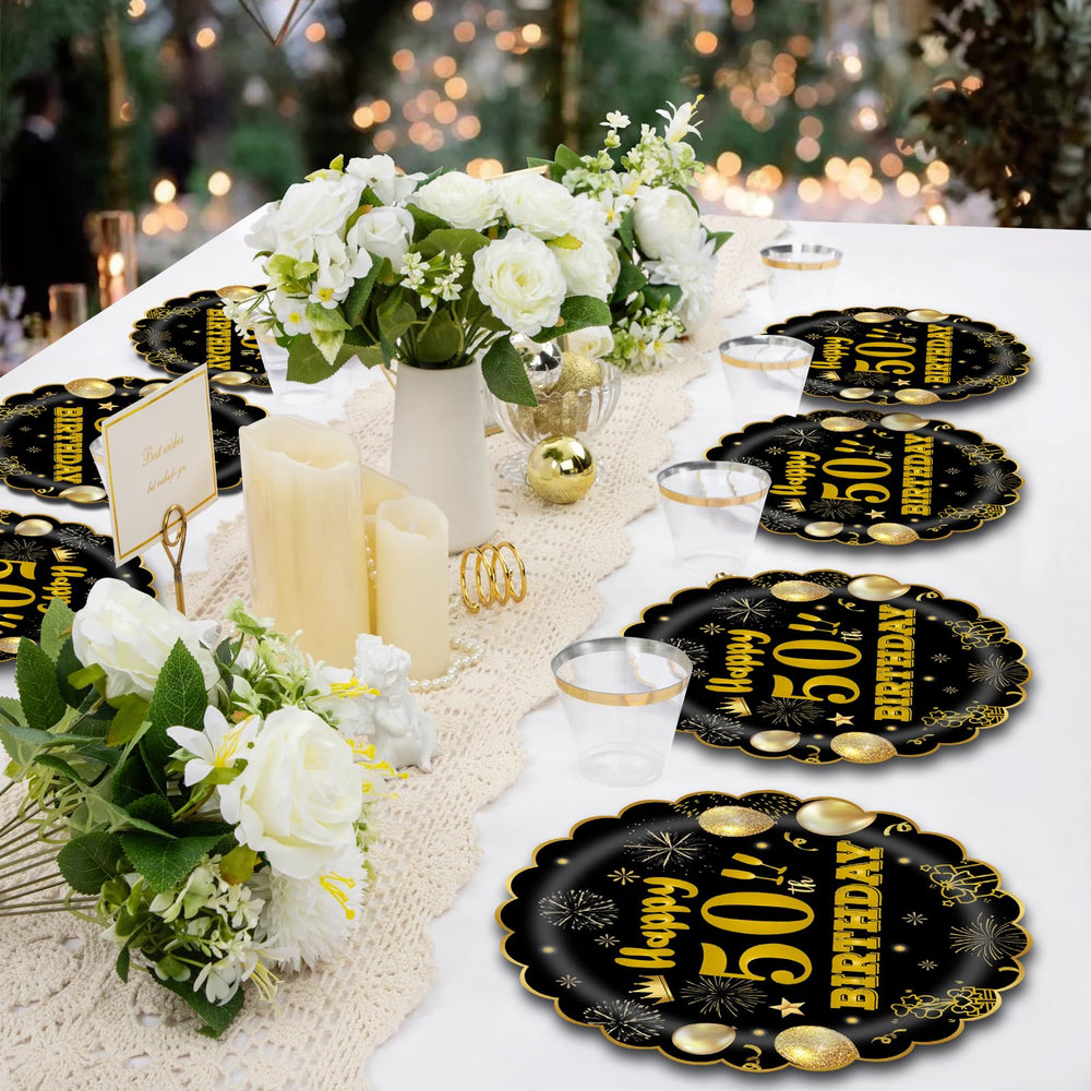 EVYIENEN 50Pcs 50th Birthday Party Paper Plates,7inch Disposable Black and Gold Scalloped Dessert Party Plates for Birthday Wedding Anniversary Reception Event Decorations — image 5