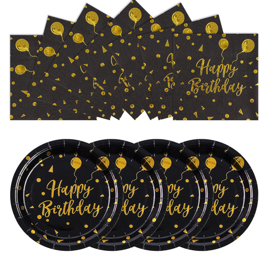 Dark Blue and Gold Happy Birthday Dinner Plates and Napkins, 9 Inch Gold Foil Balloon Dessert Plates with Napkins for Birthday Party, Serves 25