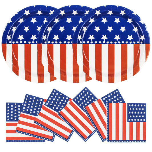 40 Pcs American Flag Patriotic Party Supplies, 9 Inch Plates & Napkins for 4th of July, Serves 20