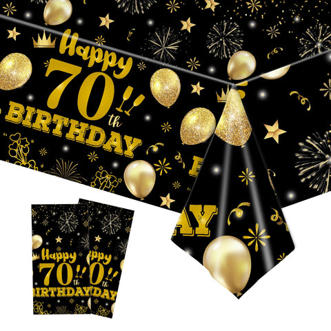 EVYIENEN 2 Pack 70th Birthday Tablecloth,Disposable Black Gold Plastic Waterproof Rectangular Table Covers for Christmas Party Decorations Men Women, 54 x 108 Inch
