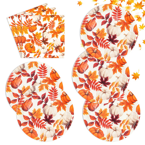 40Pcs Fall Paper Plates and Napkins Set, Maple Leaf Thanksgiving Dessert Plates and Cocktail Napkins, Serves 20