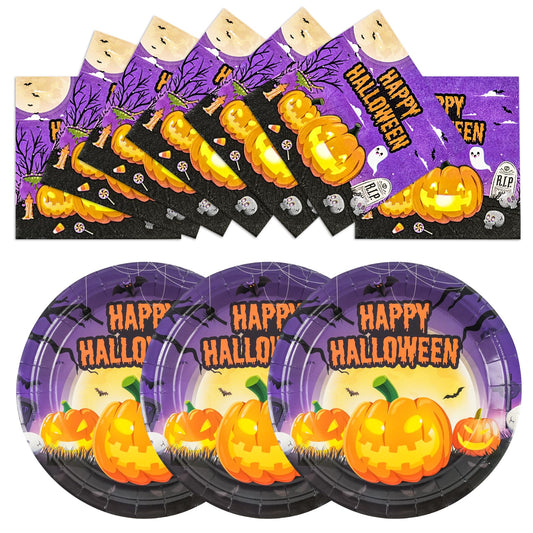 40Pcs Happy Halloween Plates and Napkins Set, 9 Inch Pumpkin Ghost Dessert Plates for Halloween Party, Serves 20