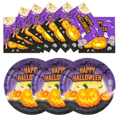 40Pcs Happy Halloween Plates and Napkins Set, 9 Inch Pumpkin Ghost Dessert Plates for Halloween Party, Serves 20