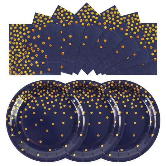 50Pcs Dark Blue and Gold Dinner Plates and Napkins, 9 Inch Gold Foil Dot Dessert Plates with Napkins for Birthdays, Weddings and New Year, Serves 25
