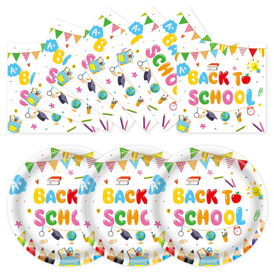 EVYIENEN 50Pcs Back to School Party Paper Plates and Napkins,7inch Disposable School Themed Dessert Plates Disposable Dinnerware Tableware Set for Classroom Teacher Pre K Party Supplies