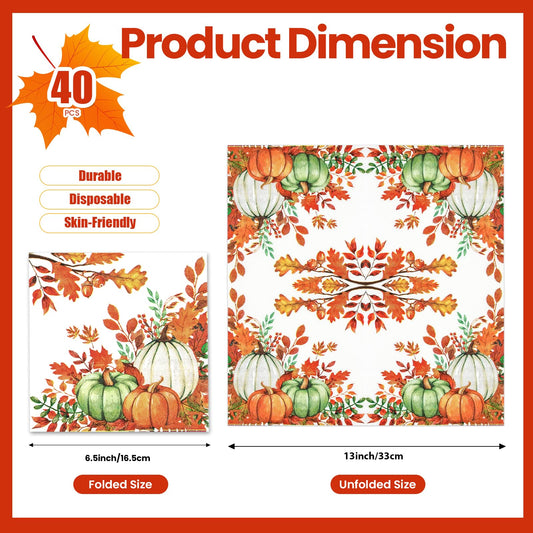 40 PCS Fall Pumpkin Paper Napkins Watercolor Autumn Luncheon Napkins Disposable Pumpkins Maple Leaves Party Napkin for Autumn Thanksgiving Harvest Home Kitchen Party Supplies, 6.5 x 6.5 Inch