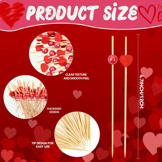 100PCS Red Heart Shaped Pearl Cocktail Picks, 4.7" Bamboo Toothpicks for Valentine's Day & Party Decoration
