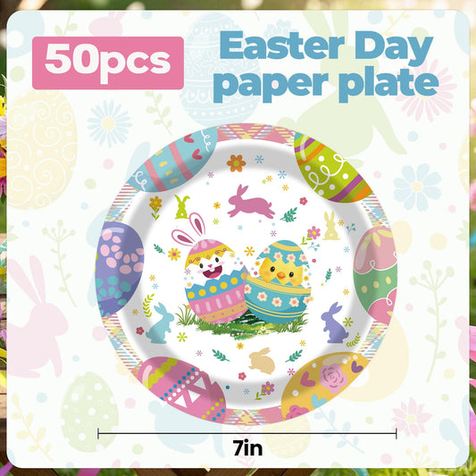 50Pcs Easter Paper Plates, 7 Inch Colorful Bunny and Egg Dessert Plates for Easter, Spring and Birthday Parties