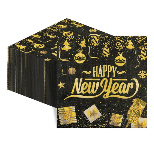 50Pcs New Year Napkins,Happy New Black Gold Foil Firework Disposable Guest Hand Towel Year Napkins Eve Party Supplies for 2026 Party Decorations