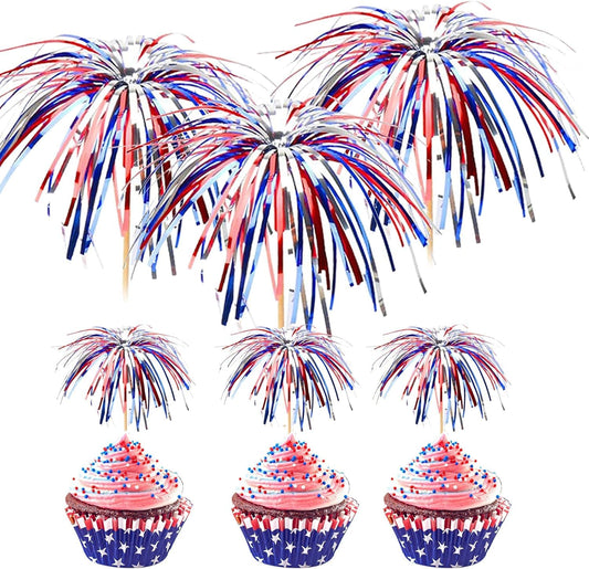100 Pcs 4th of July Cocktail Picks, Red White Blue Firework Bamboo Toothpicks for Appetizers & Party