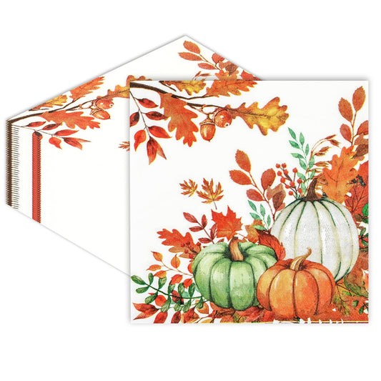 40 PCS Fall Pumpkin Paper Napkins Watercolor Autumn Luncheon Napkins Disposable Pumpkins Maple Leaves Party Napkin for Autumn Thanksgiving Harvest Home Kitchen Party Supplies, 6.5 x 6.5 Inch