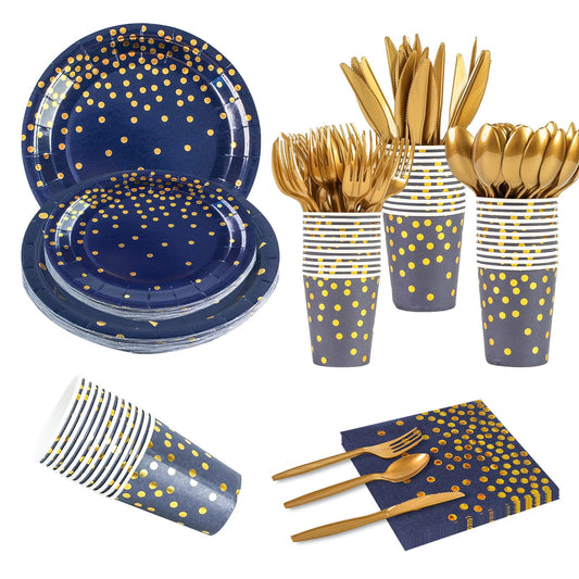 168PCS Blue and Gold Party Supplies,Disposable Party Decorations Paper Plates Napkins Cups Plastic Forks Knives Spoons for Birthday New Year Wedding,Serve 24