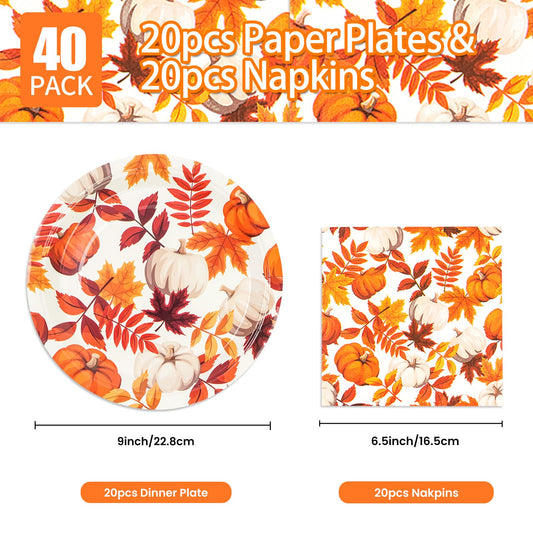 40Pcs Fall Paper Plates and Napkins Set, Maple Leaf Thanksgiving Dessert Plates and Cocktail Napkins, Serves 20