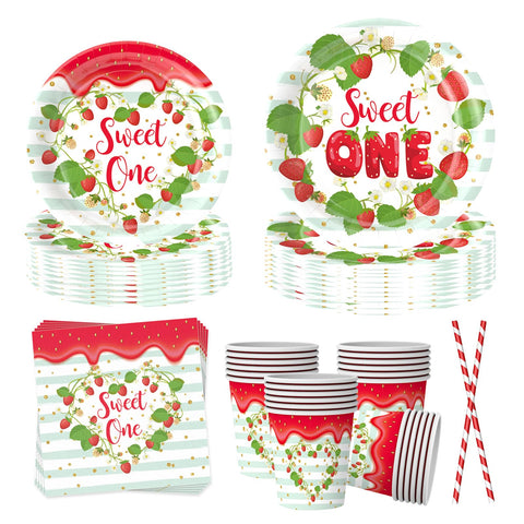 50PCS Strawberry Theme Birthday Party Tableware Set,Include Straw Paper Cups Plates and Napkins Set Disposable Party Supplies Decorations for Birthday Weddings Party Supplies