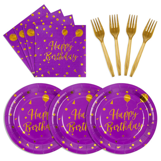 75 Pcs Purple & Gold Happy Birthday Paper Plates, Napkins & Forks Set – Disposable Party Supplies, Serves 25 for Birthdays, Weddings & Anniversaries