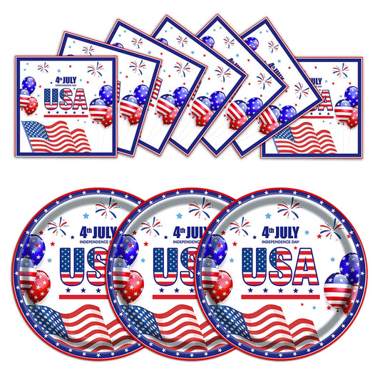 40Pcs 4th of July Paper Plates and Napkins Set, American Flag Dinnerware for Independence Day, Memorial Day and Veterans Day, Serves 20