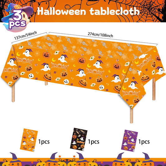 EVYIENEN 3 Pack Happy Halloween Tablecloth,Halloween Cute Pumpkin Ghost Plastic Table Cloth Waterproof Disposable Rectangular for Halloweens Party Picnic Dinner Decor