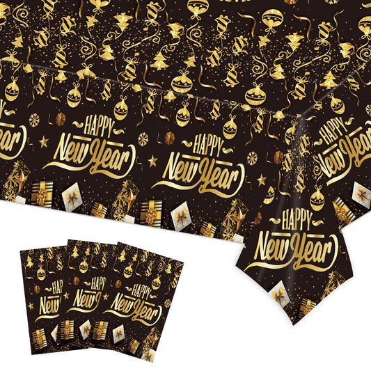 EVYIENEN 3Pcs Happy New Year Tablecloths,Black and Gold Table Covers Disposable Plastic Waterproof Tables Cover for 2026 New Year Table Supplies