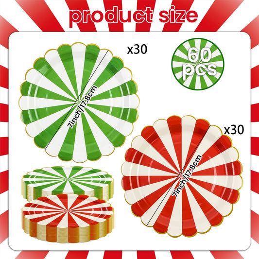 60Pcs Christmas Candy Paper Plates, 7 Inch Red White and Green Striped Dessert Plates for Christmas and New Year