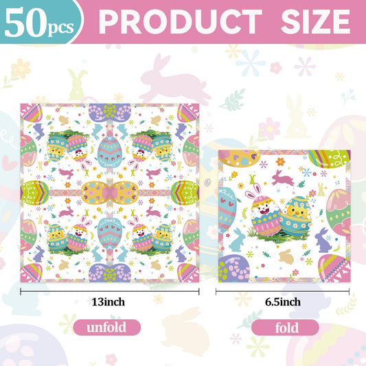 50Pcs Easter Paper Napkins - 6.5'' x 6.5'' Vibrant Bunny Eggs Floral Cocktail Napkins Disposable Decoration Supplies for Easter Spring Birthday Party