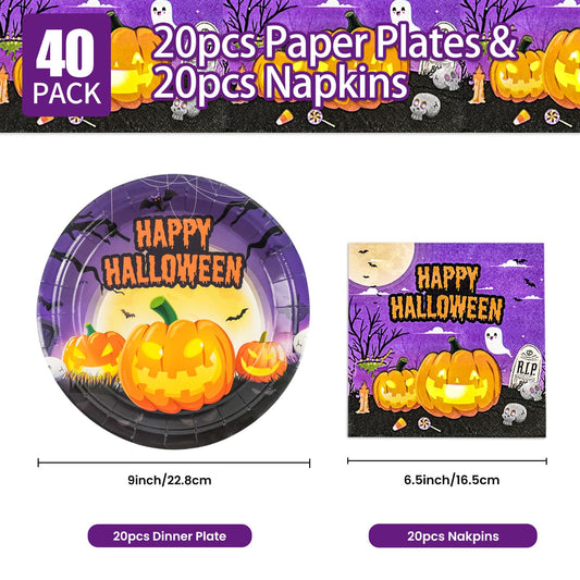 40Pcs Happy Halloween Plates and Napkins Set, 9 Inch Pumpkin Ghost Dessert Plates for Halloween Party, Serves 20
