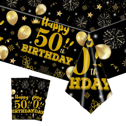 EVYIENEN 2 Pack 50th Birthday Tablecloth,Disposable Black Gold Plastic Waterproof Rectangular Table Covers for Christmas Party Decorations Men Women, 54 x 108 Inch