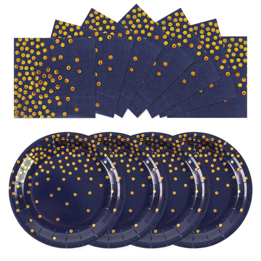 50Pcs Dark Blue and Gold Dinner Plates and Napkins, 7 Inch Gold Foil Dot Dessert Plates with Napkins for Birthdays, Weddings and New Year, Serves 25