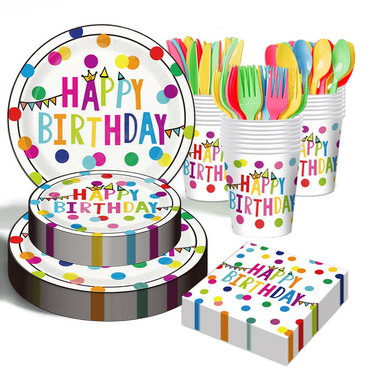 Birthday Plates & Napkins Party supplies - 175Pcs Happy Birthday Paper Plates and Napkins Sets, Disposable Happy Birthday Dots Tableware Set for Boys and Girls Party Decorations, Serves 25