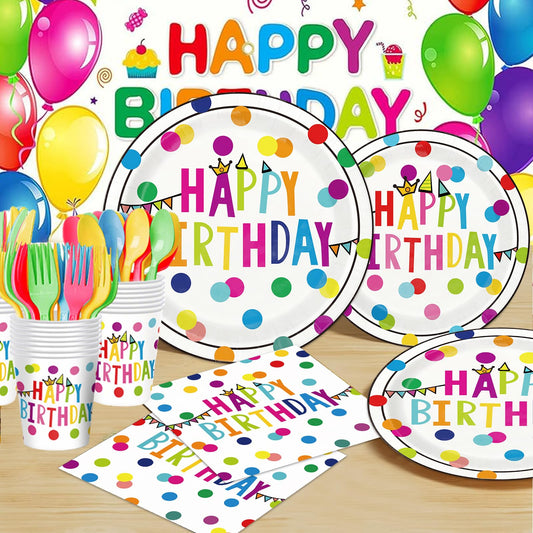 Birthday Plates & Napkins Party supplies - 175Pcs Happy Birthday Paper Plates and Napkins Sets, Disposable Happy Birthday Dots Tableware Set for Boys and Girls Party Decorations, Serves 25