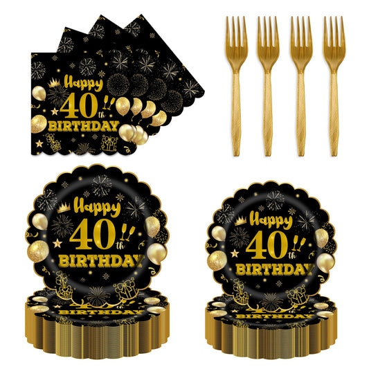 EVYIENEN 96Pcs 60th Birthday Party Tableware Set,Back in 1965 Birthday Party Decorations Supplies, Disposable Black and Gold 60th Birthdays Paper Plates Napkins Forks Favors for Men Women, Serve 24