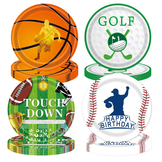 EVYIENEN 48Pcs Sports Birthday Paper Plates,9inch Disposable Sports Football Basketball Golf Baseball Paper Plates in 4 Designs for Kids Birthday Party Favors Decorations